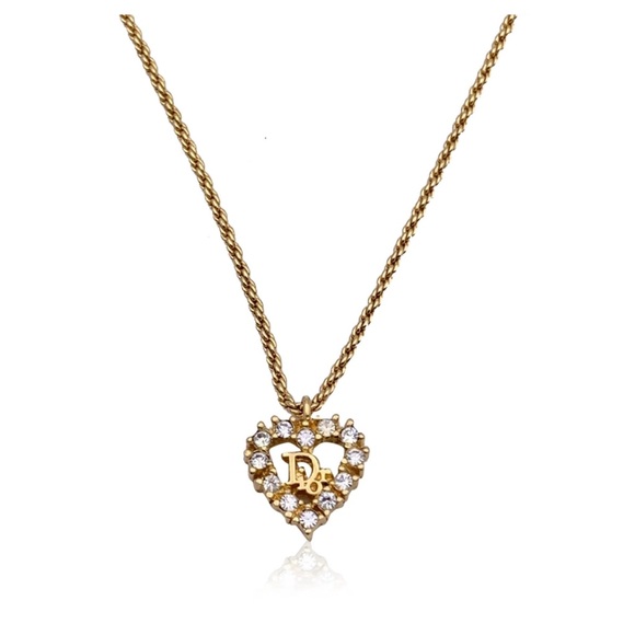 AUTH CHRISTIAN DIOR 90s Open Heart 18k Gold Crystal necklace 16” made in Germany - Picture 1 of 9